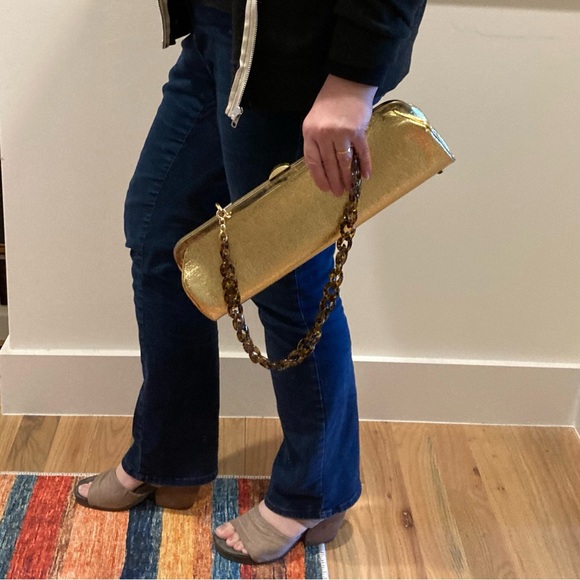 Gold Clutch with Tortoise Chain Strap - Picture 2 of 7